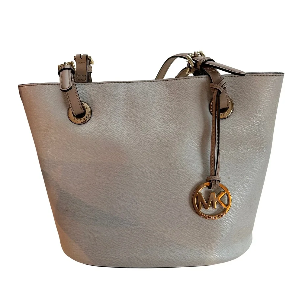 Michael Kors Jet Set East West Bucket Tote Bag Vanilla Gold MK Logo Shoulder Bag